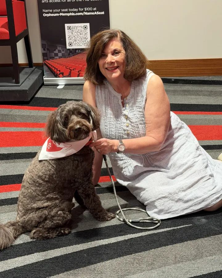 Bailey, a chocolate-brown Australian Labradoodle in a red and white bandana, with his handler Ann