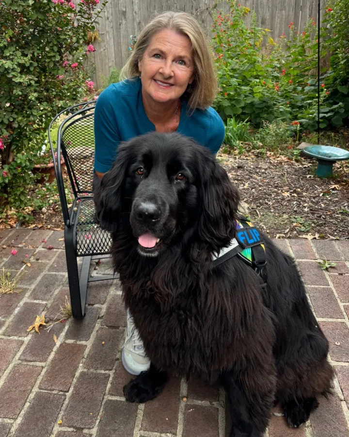 Flip, a black Newfoundland and Golden Retriever mix, with his handler Jennifer