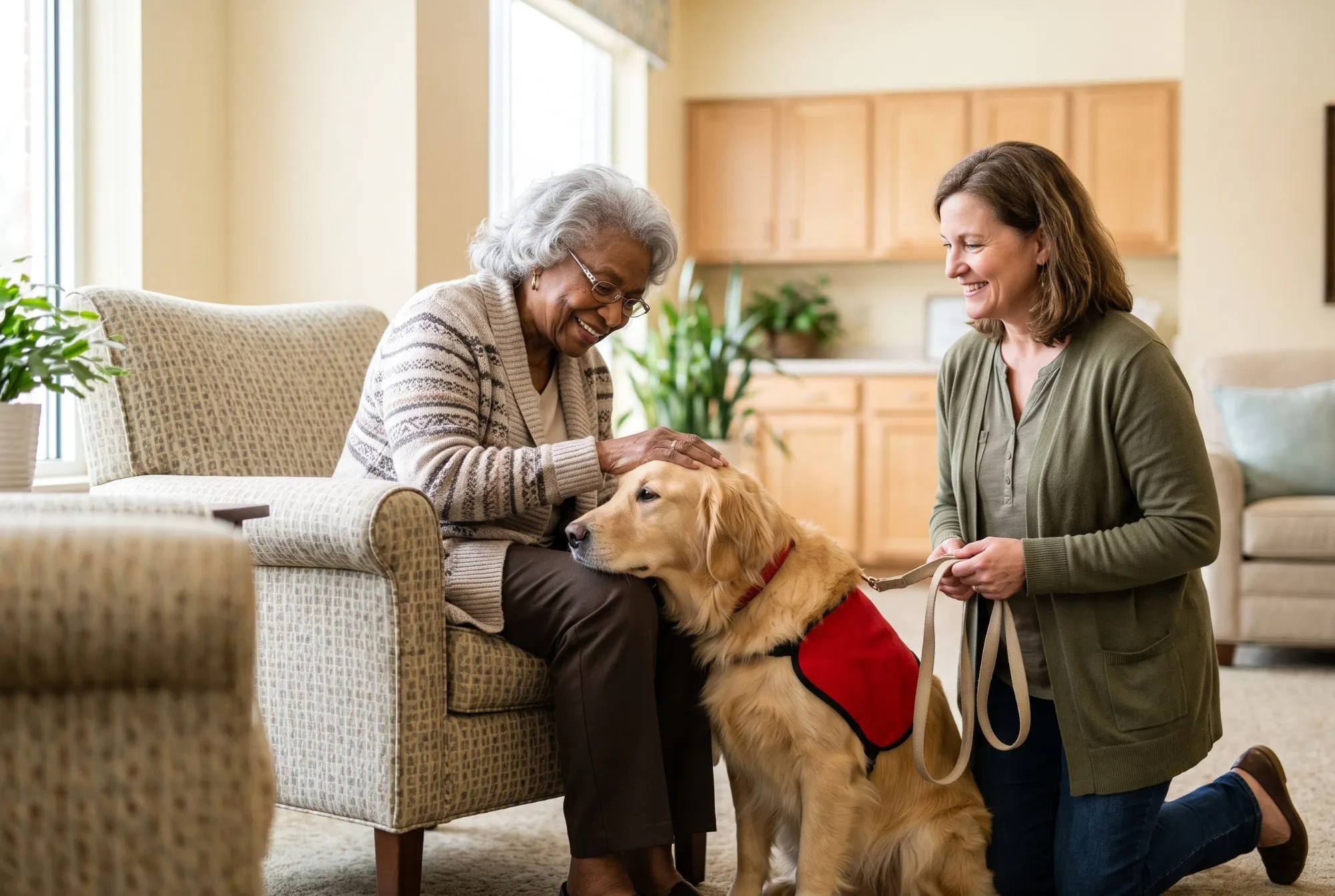 An older woman smiles as she pets a golden retriever therapy dog in a red vest while the dog's handler kneels beside them